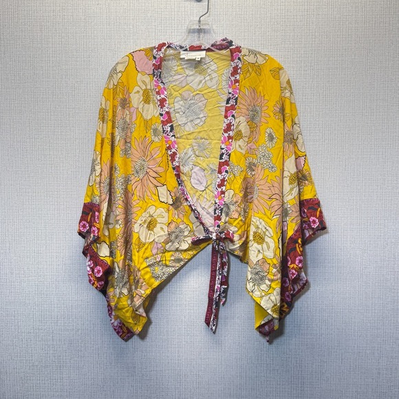 Anthropologie Tops - Anthropologie Khai Kimono‎ Wrap Top Womens Yellow Floral Boho Festival 70s Retro